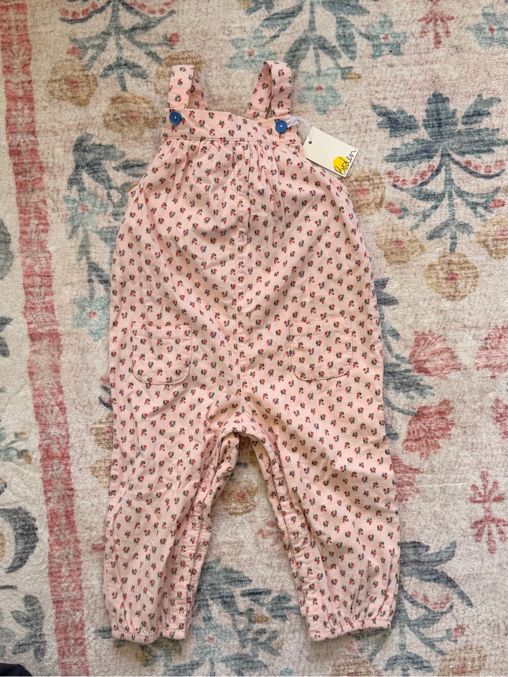 Mini Boden Pink Floral Overalls with Blue Button Accents